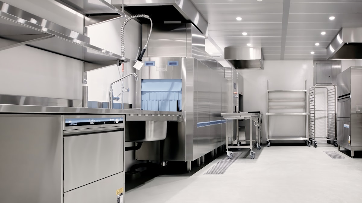 Well-organised commercial kitchen with clear work zones