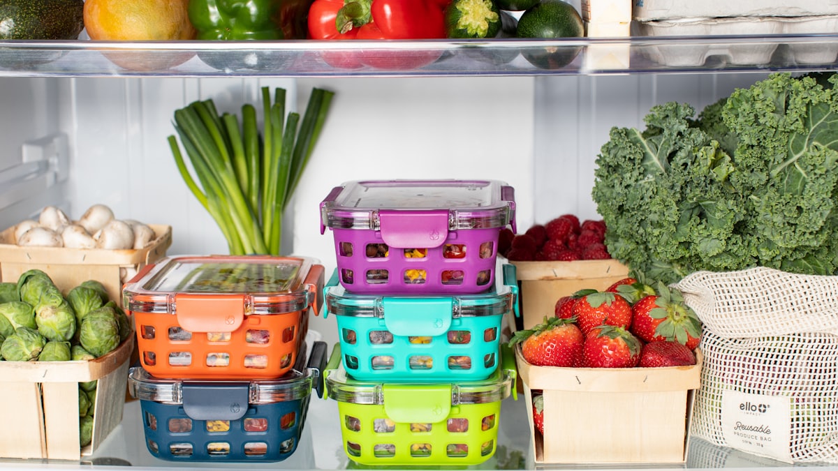 Labelled and dated food containers stored in order on kitchen shelves